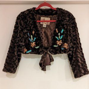 Kenzie Women's Brown Crop Bolero Jacket with Sequin Designs & Satin Sash Size 10
